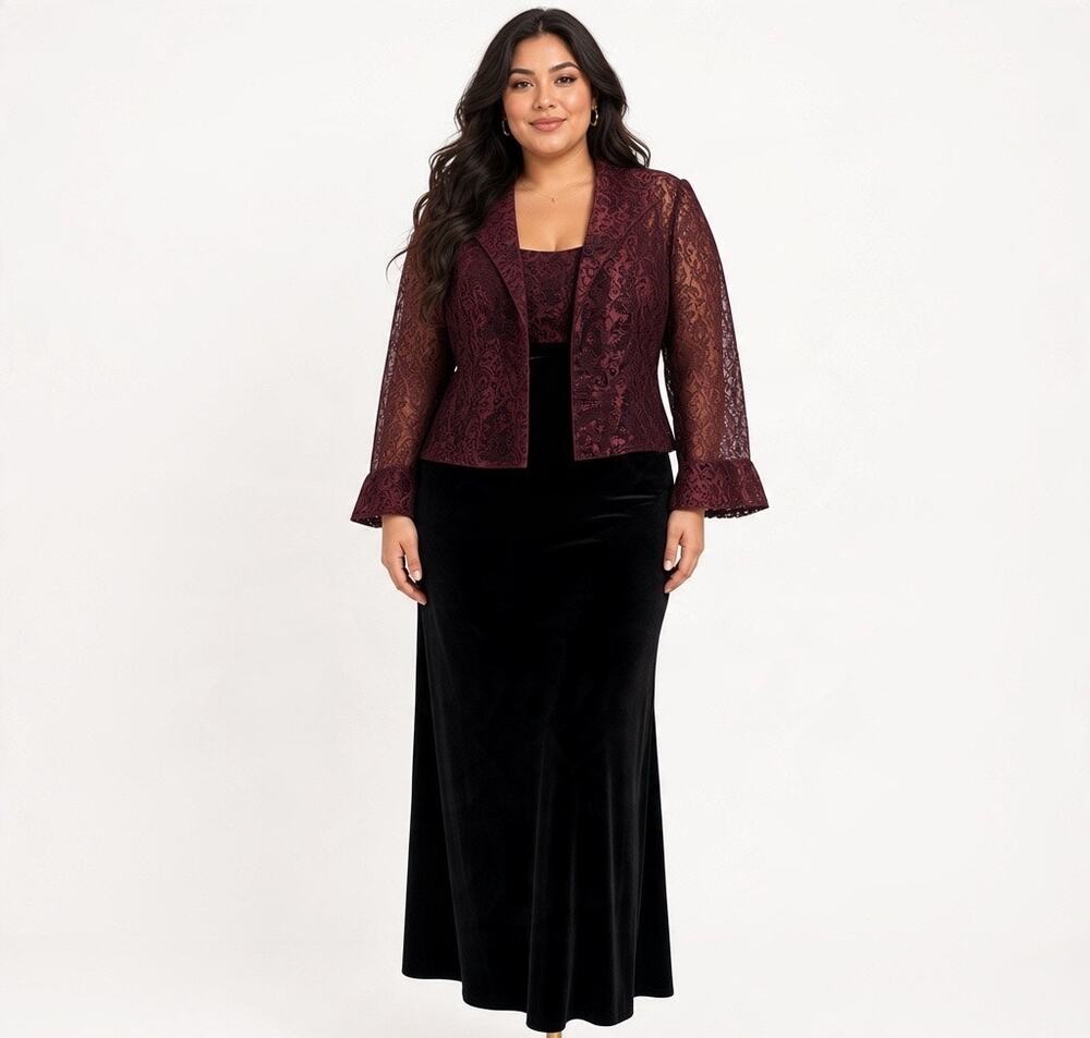 Alex Evenings Velvet Maxi Dress Jacket Set 12P Burgundy Black Formal Holiday